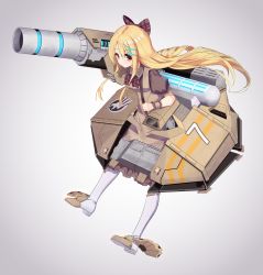 Rule 34 | 1girl, blonde hair, bow, bowtie, brown dress, cannon, command and conquer, ddt (darktrident), dress, frills, full body, global defense initiative, grey background, highres, long hair, looking at viewer, mecha musume, multicolored hair, personification, plaid, plaid bow, plaid bowtie, plaid neckwear, puffy short sleeves, puffy sleeves, shatterer (ddt (darktrident)), short sleeves, simple background, solo, streaked hair, very long hair, white legwear, wristband, yellow eyes