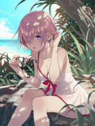 Rule 34 | 1girl, beach, black-framed eyewear, blue sky, breasts, cleavage, cloud, collarbone, commentary request, day, dress, unworn eyewear, fate/grand order, fate (series), glasses, grass, hair over one eye, highres, holding, holding removed eyewear, kusano shinta, looking at viewer, mash kyrielight, mash kyrielight (swimsuit of perpetual summer), medium breasts, ocean, official alternate costume, outdoors, pink hair, purple eyes, short hair, sitting, sky, solo, white dress