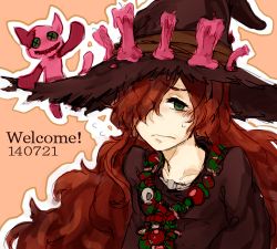 Rule 34 | 10s, 1girl, anna (granblue fantasy), bad id, bad twitter id, black dress, black hat, blush, candle, dress, flying sweatdrops, frown, granblue fantasy, green eyes, hair over one eye, hat, jewelry, long hair, lowres, necklace, orange background, outline, red hair, simple background, skull, solo, stuffed animal, stuffed cat, stuffed toy, sweat, tako (kirigiri), witch, witch hat