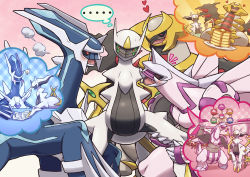 Rule 34 | &gt; &lt;, absurdres, arceus, black sclera, blush, book, colored sclera, commentary request, creatures (company), dialga, drooling, closed eyes, fangs, ferris wheel, food, fork, game freak, gen 4 pokemon, giratina, giratina (altered), head tilt, heart, highres, holding, holding fork, holding knife, holding pencil, hugging own legs, ice ground, knife, legendary pokemon, light bulb, mouth drool, mythical pokemon, nintendo, no humans, open mouth, palkia, pancake, pencil, plate, pokemon, pokemon (creature), red eyes, smile, speech bubble, thought bubble, tongue