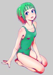 Rule 34 | 1girl, arm support, barefoot, between legs, blue eyes, blush, breasts, covered navel, eyebrows, fingernails, full body, green hair, green one-piece swimsuit, grey background, highres, kneeling, looking at viewer, one-piece swimsuit, open mouth, original, school swimsuit, seiza, shokubai phantom girl, short hair, simple background, sitting, small breasts, solo, swimsuit, teeth