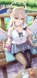 1girl alternate_costume angel_wings bench black_choker black_pantyhose black_scrunchie blue_archive blue_skirt bra_visible_through_clothes breasts bridge brown_eyes brown_halo choker cleavage collared_shirt commentary_request cup disposable_cup flower gyaru hair_bun hair_flower hair_ornament halo hand_up highres kogal large_breasts light_brown_hair long_hair looking_at_viewer lower_teeth_only miniskirt nagisa_(blue_archive) natie on_bench open_mouth outdoors pantyhose park park_bench pink_bag plaid_clothes plaid_skirt pleated_skirt river school_uniform scrunchie shirt short_sleeves single_side_bun sitting skirt solo teeth tree very_long_hair white_flower white_shirt white_wings wings wooden_bridge wrist_scrunchie x_hair_ornament