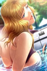 Rule 34 | 1girl, blonde hair, blue eyes, breasts, game cg, highres, large breasts, lips, nipples, outdoors, sodom no shima: night of blind, solo, water