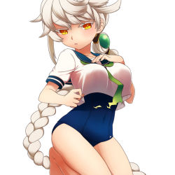 Rule 34 | 10s, 1girl, adapted costume, alternate costume, arm at side, bare legs, between breasts, braid, breasts, collarbone, colored eyelashes, colorized, crop top, crop top overhang, hair ornament, hand on own chest, kantai collection, long hair, looking at viewer, necktie, necktie between breasts, one-piece swimsuit, orange eyes, parted lips, school swimsuit, school uniform, seiza, serafuku, shimomoto, silver hair, single braid, sitting, solo, swimsuit, unryuu (kancolle), very long hair