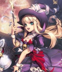 Rule 34 | 1girl, alternate costume, aqua eyes, blonde hair, boots, broken (chaos online), broom, broom riding, card (medium), chaos online, full moon, hat, hobby horse, long hair, love cacao, moon, night, night sky, official art, pinky out, skull, sky, smile, solo, star (sky), wand, witch, witch hat