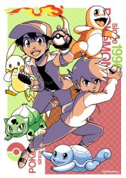 Rule 34 | 2boys, absurdres, ball, baseball cap, belt, blue oak, buckle, bulbasaur, charmander, checkered background, commentary, creatures (company), emcee, english commentary, english text, fangs, fiery tail, fire, flame-tipped tail, full body, game freak, gen 1 pokemon, hat, highres, holding, holding ball, holding poke ball, jewelry, long sleeves, looking at viewer, male focus, multiple boys, multiple monochrome, nintendo, pants, parody, pendant, pikachu, poke ball, poke ball (basic), pokemon, pokemon (creature), pokemon rgby, red (pokemon), shoes, short sleeves, signature, spiked hair, squirtle, starter pokemon trio, style parody, tail