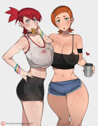 Rule 34 | 2girls, aged up, armlet, asymmetrical docking, ben 10, blush, bob (bobtheneet), bracelet, breast press, breasts, cleavage, cookie, crossover, cup, eyeshadow, food, foster&#039;s home for imaginary friends, frankie foster, green eyes, gwen tennyson, hair ornament, hairclip, heart, highres, holding, holding cup, jewelry, large breasts, looking at viewer, makeup, mouth hold, multiple girls, orange hair, ponytail, red hair, see-through, short hair, simple background, sweat, tank top, thick thighs, thighs, very sweaty, yuri