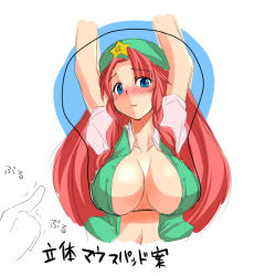 Rule 34 | 1girl, arms up, bad id, bad pixiv id, beret, blue eyes, blush, braid, breast mousepad, breasts, embarrassed, embodiment of scarlet devil, hat, hong meiling, large breasts, long hair, mousepad, mousepad (medium), oekaki, red hair, solo, touhou, translation request, twin braids, very long hair, yamane akira