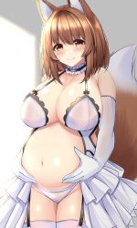 Rule 34 | 1girl, animal ear fluff, animal ears, babydoll, blush, breasts, brown eyes, brown hair, commission, elbow gloves, fox ears, fox girl, fox tail, garter straps, gloves, highres, large breasts, original, panties, pixiv commission, pregnant, short hair, smile, sogaya, solo, tail, thighhighs, underwear, white babydoll, white gloves, white panties, white thighhighs