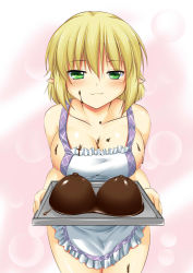 Rule 34 | 1girl, :3, apron, bare shoulders, blonde hair, breast on tray, breasts, chocolate, cleavage, female focus, green eyes, hoshizuki (seigetsu), jpeg artifacts, large breasts, messy, mizuhashi parsee, naked apron, nipples, pointy ears, smile, solo, touhou, tray