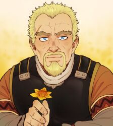 Rule 34 | 1boy, aquiline nose, armor, askeladd, blonde hair, blush, breastplate, daxratchet, flower, gradient background, highres, holding, holding flower, incoming gift, looking at viewer, male focus, mature male, scar, short hair, smile, solo, thick eyebrows, upper body, vinland saga