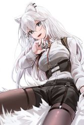 Rule 34 | 1girl, animal ears, anizi, black pantyhose, black shorts, breasts, dog tags, ear piercing, grey eyes, grey hair, hair between eyes, hand on own chin, head tilt, highres, hololive, lion ears, lion girl, long hair, long sleeves, looking at viewer, medium breasts, official alternate costume, open mouth, pantyhose, piercing, sharp teeth, shirt, shishiro botan, shishiro botan (button-down), shorts, simple background, sitting, smile, solo, teeth, upper teeth only, virtual youtuber, white background, white shirt