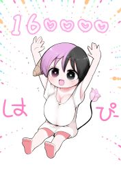 Rule 34 | 1girl, :d, arms up, barefoot, black eyes, black hair, breasts, cleavage, demon girl, demon horns, demon tail, female focus, heart, heart-shaped pupils, heterochromia, highres, horns, large breasts, milestone celebration, multicolored hair, open mouth, oppai loli, original, oversized clothes, oversized shirt, purple eyes, purple hair, shirt, single horn, sitting, smile, solo, split-color hair, symbol-shaped pupils, t-shirt, tail, white shirt, zurikishi
