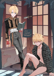 Rule 34 | 2boys, abs, absurdres, animal, animal print, aqua eyes, barefoot, bird, black footwear, black jacket, blonde hair, book, bulge, closed mouth, collarbone, dagger, dark persona, daydremec, dual persona, english text, fate/grand order, fate (series), fingerless gloves, flying, frills, fur jacket, gloves, hair between eyes, hatching (texture), highres, holding, holding book, indoors, jacket, jekyll and hyde (fate), knife, leaning, leopard print, male focus, multiple boys, navel, open book, open clothes, open jacket, parted lips, planted, red eyes, red gloves, red legwear, sitting, smile, socks, tiger print, tile floor, tiles, toned, toned male, underwear, weapon, window