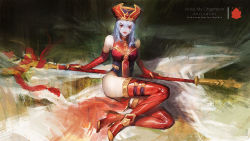 Rule 34 | 1girl, barefoot, boots, daible, elbow gloves, gloves, gold trim, hat, highres, leotard, medium hair, red eyes, red thighhighs, sally whitemane, staff, thighhighs, thighs, warcraft, white hair, world of warcraft