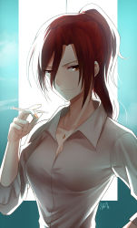 Rule 34 | 1girl, aozaki touko, breasts, cigarette, closed mouth, collarbone, collared shirt, commentary request, fingernails, gogatsu fukuin, hair between eyes, hand up, high ponytail, highres, holding, holding cigarette, jewelry, kara no kyoukai, light smile, long hair, long sleeves, looking at viewer, nail polish, orange nails, parted bangs, pendant, ponytail, red eyes, red hair, shirt, signature, small breasts, smoke, solo, upper body, v-shaped eyebrows, white shirt