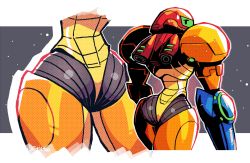 Rule 34 | 1girl, arm cannon, armor, ass, commentary, cowboy shot, english commentary, from behind, halftone, highres, jitome, looking at viewer, looking back, metroid, multiple views, nintendo, power armor, projected inset, rariatto (ganguri), samus aran, sideways glance, standing, sweatdrop, twitter username, weapon