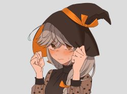 Rule 34 | 1girl, absurdres, ahoge, anotsugini kuruji, black dress, black hat, blush, brown eyes, closed mouth, dress, grey background, grey hair, hair between eyes, halloween, halloween costume, hamanami (kancolle), hat, highres, kantai collection, long hair, long sleeves, official alternate costume, simple background, solo, upper body, wavy mouth, witch hat