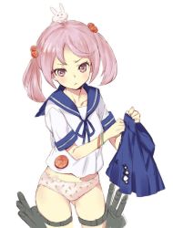 Rule 34 | 10s, 1girl, animal, animal on head, blush, bullet hole, food print, frown, hair bobbles, hair ornament, holding, holding clothes, holding skirt, kantai collection, kawata hisashi, looking at viewer, on head, panties, pink eyes, pink hair, pink panties, print panties, rabbit, rabbit on head, sazanami (kancolle), school uniform, serafuku, short hair, simple background, skirt, unworn skirt, solo, strawberry panties, strawberry print, thigh strap, torn clothes, torn skirt, underwear, white background