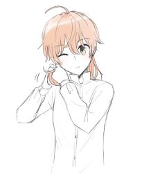 Rule 34 | 1girl, ahoge, brown eyes, closed mouth, collarbone, commentary request, highres, koito yuu, long sleeves, looking at viewer, nyamo, one eye closed, orange hair, partially colored, short twintails, solo, twintails, tying hair, upper body, yagate kimi ni naru