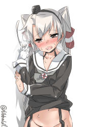 Rule 34 | 10s, 1girl, amatsukaze (kancolle), ascot, bad id, bad twitter id, blush, breath, brown eyes, clothes lift, collarbone, cowboy shot, dress, dress lift, ebifurya, garter straps, gloves, groin, hair tubes, highres, inactive account, kantai collection, lifebuoy, long hair, long sleeves, navel, no panties, open mouth, out-of-frame censoring, sailor dress, silver hair, simple background, single glove, solo, stomach, suggestive fluid, sweat, swim ring, twitter username, two side up, white background, white gloves