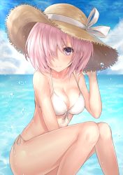 Rule 34 | 1girl, alternate costume, bare arms, bare legs, bare shoulders, between legs, bikini, blue sky, blush, breasts, cleavage, closed mouth, cloud, cloudy sky, collarbone, cowboy shot, day, ero waifu, fate/grand order, fate (series), front-tie bikini top, front-tie top, hair over one eye, hand between legs, hand on headwear, hat, hat ribbon, knees together feet apart, large breasts, mash kyrielight, medium hair, navel, ocean, one eye covered, outdoors, purple eyes, purple hair, ribbon, side-tie bikini bottom, sitting, sky, smile, solo, straw hat, sun hat, swimsuit, water, water drop, white bikini, white ribbon