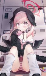 Rule 34 | 1girl, beret, black hat, black shirt, black wings, blue archive, blush, closed mouth, commentary, halo, hand up, hat, head wings, highres, koharu (blue archive), locker, loloco, long sleeves, looking at viewer, neckerchief, off shoulder, panties, pink eyes, pink hair, pink neckerchief, red halo, school uniform, serafuku, shirt, sitting, sleeves past fingers, sleeves past wrists, socks, solo, striped clothes, striped panties, sweat, tattoo, twintails, underwear, white socks, wings