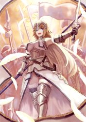 Rule 34 | 1girl, armor, armpits, bare shoulders, bird, blonde hair, blue eyes, breasts, chain, commentary request, fate/apocrypha, fate (series), feathers, feet out of frame, flag, gauntlets, highres, holding, holding sword, holding weapon, janoukyo19, jeanne d&#039;arc (fate), jeanne d&#039;arc (ruler) (fate), jeanne d&#039;arc (third ascension) (fate), large breasts, leg armor, long hair, looking at viewer, open mouth, panties, polearm, scabbard, sheath, spear, sword, teeth, thighhighs, tongue, underwear, very long hair, weapon