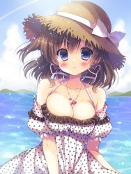 Rule 34 | 1girl, blue eyes, blush, bow, breasts, brown hair, cloud, cloudy sky, commentary request, contrail, day, dress, earrings, frilled sleeves, frills, halter dress, halterneck, hat, hat bow, heart, heart earrings, heart necklace, highres, jewelry, kouta., large breasts, looking at viewer, medium hair, necklace, ocean, original, outdoors, polka dot, polka dot dress, short sleeves, sky, smile, solo, straw hat, upper body, white bow, white dress