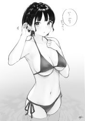 Rule 34 | 1girl, absurdres, bare arms, bare shoulders, bikini, blush, braid, breasts, collarbone, commentary request, crown braid, greyscale, hands up, highres, looking at viewer, medium breasts, monochrome, navel, original, parted lips, side-tie bikini bottom, signature, solo, swimsuit, takenoko no you, water, white background