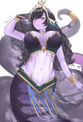 Rule 34 | 1girl, absurdres, black bra, black hair, blush, bra, bracer, breasts, colored skin, covered navel, head tilt, headdress, highres, indie virtual youtuber, lamia, large breasts, long hair, looking at viewer, monster girl, parted lips, pelvic curtain, purple skin, relaxed entity, scar, scar across eye, solo, underboob, underwear, vexoria the sun eater, virtual youtuber, white background, yellow eyes