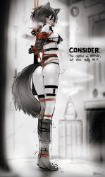 Rule 34 | 1girl, absurdres, animal ear fluff, animal ears, arms behind back, ass, ball gag, bdsm, blush, bondage, boots, bound, bound arms, commentary, crotch rope, ehrrr, english commentary, english text, fox ears, fox tail, full body, gag, gagged, heavy breathing, highres, looking at viewer, mole, mole under eye, original, red rope, rope, shibari, solo, spot color, standing, sweat, tail, trembling