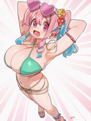 Rule 34 | 1girl, armpits, arms behind back, arms up, bikini, blue hair, breasts, cleavage, earrings, feet, flower, flower on head, foreshortening, green bikini, hair flower, hair ornament, heart, heart-shaped eyewear, highres, hoop earrings, hozuki kaede, huge breasts, jewelry, large breasts, looking to the side, multicolored hair, navel, onii-chan wa oshimai!, open mouth, pink eyes, pink hair, ryusei hashida, sandals, side ponytail, solo, sunglasses, sunglasses on head, swimsuit, two-tone hair, white background