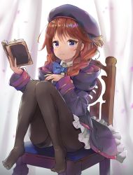 Rule 34 | 1girl, beret, black pantyhose, book, braid, brown hair, chair, coat, commentary request, curtains, feet on chair, frilled coat, frilled jacket, frills, frown, full body, hair between eyes, hat, highres, hood, hooded coat, jacket, knees together feet apart, looking at viewer, no pants, no shoes, pantyhose, princess connect!, purple eyes, purple hat, ribbon, school uniform, sitting, solo, sweatdrop, twin braids, white background, yuni (princess connect!)