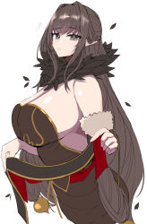 Rule 34 | 1girl, absurdres, bare shoulders, black dress, blush, breasts, brown eyes, brown hair, cleavage, dress, fate/apocrypha, fate (series), feather trim, fur trim, hanasaka houcha, highres, large breasts, long hair, looking at viewer, open mouth, pointy ears, semiramis (fate), sidelocks, simple background, very long hair, white background