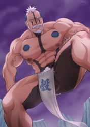 Rule 34 | 1boy, abs, bad id, bad pixiv id, bara, beard, boro (naruto), boruto: naruto next generations, cerberus arts, facial hair, feet out of frame, foreshortening, from below, grin, highres, large pectorals, large testicles, loincloth, looking at viewer, male focus, male pubic hair, mature male, muscular, muscular male, mustache, naruto (series), navel, nipples, old, old man, paid reward available, pectorals, pelvic curtain, penis, penis peek, pubic hair, revealing clothes, short hair, smile, solo, stomach, testicle peek, testicles, thick thighs, thighs, topless male, veins, wrinkled skin