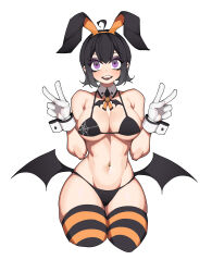 Rule 34 | 1girl, absurdres, ahoge, alternate breast size, alternate costume, animal ears, bat wings, bikini, black bikini, black hair, black lips, black wings, breasts, colored eyelashes, cowboy shot, detached collar, double v, eyeshadow, fake animal ears, fangs, female focus, gloves, groin, hairband, hands up, hanenosaki, happy, highres, hotel transylvania, large breasts, lipstick, looking at viewer, low wings, makeup, mavis dracula, navel, navel piercing, nontraditional playboy bunny, open mouth, orange hairband, orange thighhighs, piercing, purple eyes, purple eyeshadow, rabbit ears, short hair, sidelocks, simple background, skindentation, smile, solo, standing, stomach, string bikini, striped clothes, striped thighhighs, swimsuit, teeth, thick thighs, thighhighs, thighs, underboob, v, white background, white gloves, wide hips, wings