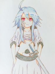 Rule 34 | 1girl, ahoge, bandages, blanc (neptunia), bleach, blue hair, breasts, cosplay, frown, grimmjow jaegerjaquez, hands in pockets, highres, neptune (series), red eyes, short hair with long locks, small breasts, solo, spiked hair, white heart (neptune)