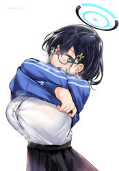 Rule 34 | 1girl, :o, black hair, black skirt, blue-framed eyewear, blue archive, blush, breasts, button gap, chihiro (blue archive), clothes lift, dress shirt, glasses, green eyes, hair ornament, hairclip, halo, hirama hirokazu, jacket, jacket lift, large breasts, lifted by self, long sleeves, looking at viewer, parted lips, pleated skirt, school uniform, semi-rimless eyewear, shirt, short hair, simple background, skirt, solo, track jacket, under-rim eyewear, undressing, upper body, white background