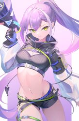 Rule 34 | 1girl, absurdres, alternate color, anichika, bandeau, belt, black bandeau, black shorts, black shrug, black tail, blue belt, breasts, buckle, chest strap, cleavage, demon tail, ear piercing, green belt, green eyes, grey belt, highres, hip tattoo, holding, holding megaphone, hololive, hooded shrug, long hair, long sleeves, looking at viewer, medium breasts, megaphone, melting tail, multicolored hair, navel, navel piercing, parted lips, piercing, pink hair, ponytail, purple hair, ribbed bandeau, see-through, see-through sleeves, short shorts, shorts, snap-fit buckle, solo, stomach, streaked hair, tail, thigh strap, tokoyami towa, tokoyami towa (5th costume), two-sided gloves, very long hair, virtual youtuber, winged heart tattoo