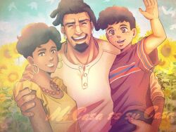 Rule 34 | 1girl, 2boys, aged down, arm around shoulder, artist name, bead necklace, beads, beard, brown eyes, chief (megalo box), chihiro (jnkch6), child, closed eyes, dark-skinned female, dark-skinned male, dark skin, day, dreadlocks, dress, earrings, facial hair, facing viewer, family, flower, hoop earrings, jewelry, looking at viewer, marla (megalo box), megalo box, mio (megalo box), multiple boys, necklace, outdoors, red shirt, shirt, short hair, spanish text, sunflower, white shirt, yellow dress
