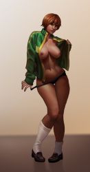 Rule 34 | 1girl, black panties, blazingifrit, breasts, brown hair, contrapposto, green jacket, jacket, large breasts, lips, loafers, loose socks, navel, nipples, no bra, no pants, nose, open clothes, panties, panty pull, persona, persona 4, pigeon-toed, realistic, satonaka chie, shoes, short hair, socks, solo, standing, thigh gap, toned, track jacket, underwear, undressing