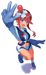 Rule 34 | 1girl, :d, arm up, blue eyes, blue footwear, blue gloves, blue jacket, blue shorts, blush, boots, commentary request, creatures (company), cropped jacket, full body, game freak, gloves, hair ornament, highres, jacket, leg up, midriff, navel, nintendo, one side up, open mouth, pokemon, pokemon bw, red hair, shimizu keitaro, short hair with long locks, short shorts, shorts, sidelocks, skyla (pokemon), smile, solo, turtleneck