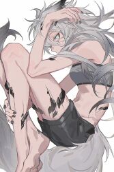 Rule 34 | 1girl, absurdres, animal ears, arknights, bare arms, bare legs, bare shoulders, black nails, black shorts, blue eyes, breasts, commentary request, from side, grey hair, grey tail, grey tube top, highres, lappland (arknights), long hair, looking at viewer, material growth, nail polish, navel, oripathy lesion (arknights), pinenut sn, scar, scar across eye, shorts, simple background, small breasts, solo, stomach, strapless, tail, tube top, white background, wolf ears, wolf girl, wolf tail