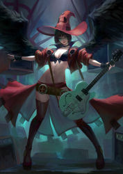 Rule 34 | 1girl, amplifier, belt, black gloves, black wings, breasts, cleavage, crop top, electric guitar, fingerless gloves, glasses, gloves, green-tinted eyewear, green-tinted glasses, grin, guilty gear, guilty gear strive, guitar, hat, high collar, high heels, i-no, instrument, medium breasts, navel, phamoz, smile, solo, standing, stomach, sunglasses, thighhighs, tinted eyewear, wings, witch hat