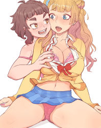 Rule 34 | 2girls, artist name, bare shoulders, blonde hair, blouse, blue eyes, bra, grabbing another&#039;s breast, breasts, brown eyes, brown hair, cleavage, cowboy shot, earrings, face-to-face, freckles, from behind, galko, grabbing, hair bun, hairband, highres, jewelry, lace, lace-trimmed bra, lace trim, large breasts, lit silium, looking at another, messy hair, molestation, multicolored hair, multiple girls, nail polish, navel, on floor, oshiete! galko-chan, otako (galko), panties, panty peek, ribbon, shirt, simple background, single hair bun, sitting, skirt, smile, streaked hair, surprised, thick eyebrows, thick thighs, thighs, unbuttoned, unbuttoned shirt, underwear, white background