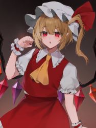 Rule 34 | 1girl, artist request, ascot, blonde hair, blush, cowboy shot, crystal, flandre scarlet, frilled shirt collar, frills, hat, highres, looking at viewer, mob cap, one side up, pointy ears, puffy short sleeves, puffy sleeves, red eyes, red ribbon, red skirt, red vest, ribbon, shirt, short sleeves, skirt, solo, touhou, vest, white hat, white shirt, wings, wrist cuffs