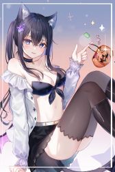 Rule 34 | 1girl, animal ears, bag, bare shoulders, belt, black bra, black choker, black hair, black skirt, black thighhighs, blue background, blush, bra, breasts, cat ears, choker, cleavage, collarbone, crossed bangs, floating, gradient background, hair ornament, hairpin, halloween, highres, holding, holding bag, jacket, large breasts, looking at viewer, navel, no panties, off shoulder, open mouth, original, pudding cream, rectangle, red background, sitting, skirt, smile, solo, tail, thighhighs, underwear, white belt, white jacket