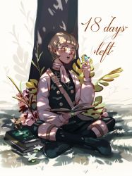 Rule 34 | 1boy, artist name, bad id, bad pixiv id, blonde hair, blush, book, boots, bug, butterfly, countdown, fire emblem, fire emblem: three houses, flower, glasses, grass, highres, ignatz victor, insect, leaf, male focus, nintendo, open mouth, sitting, solo, teeth, tree, yellow eyes