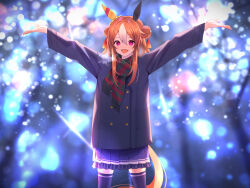 Rule 34 | 1girl, :d, animal ears, black coat, blush, buttons, coat, copano rickey (umamusume), cowboy shot, double-breasted, double bun, ear covers, fang, frilled skirt, frills, hair between eyes, hair bun, highres, horse ears, horse girl, horse tail, katuko deluxe, long hair, looking at viewer, mismatched ear covers, multicolored hair, open mouth, orange hair, outstretched arms, plaid, plaid scarf, pleated skirt, purple eyes, purple skirt, purple thighhighs, scarf, school uniform, sidelocks, skirt, smile, solo, streaked hair, tail, thighhighs, tracen school uniform, umamusume, white hair